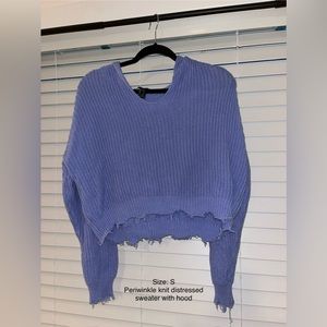 Periwinkle distressed knit sweater with hood